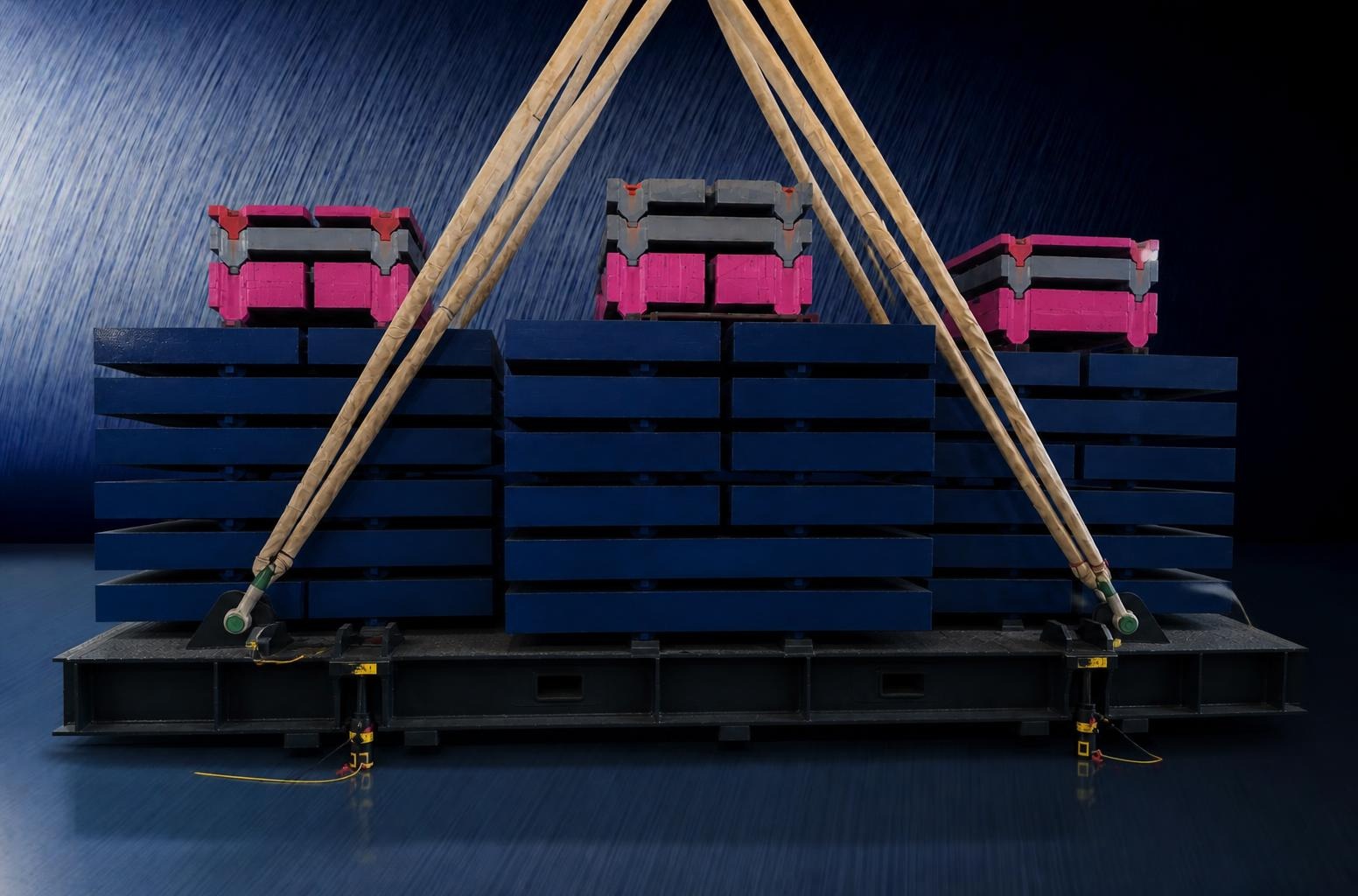 Plattform OSC Heavy Duty, mit Prüfgewichten beladen und für eine Prüfung mit hoher Last angeschlagen